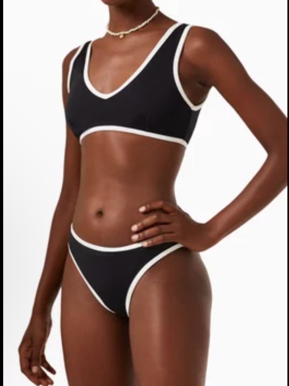 Black & White Contrast V-Neck Bikini Set - Women Swim